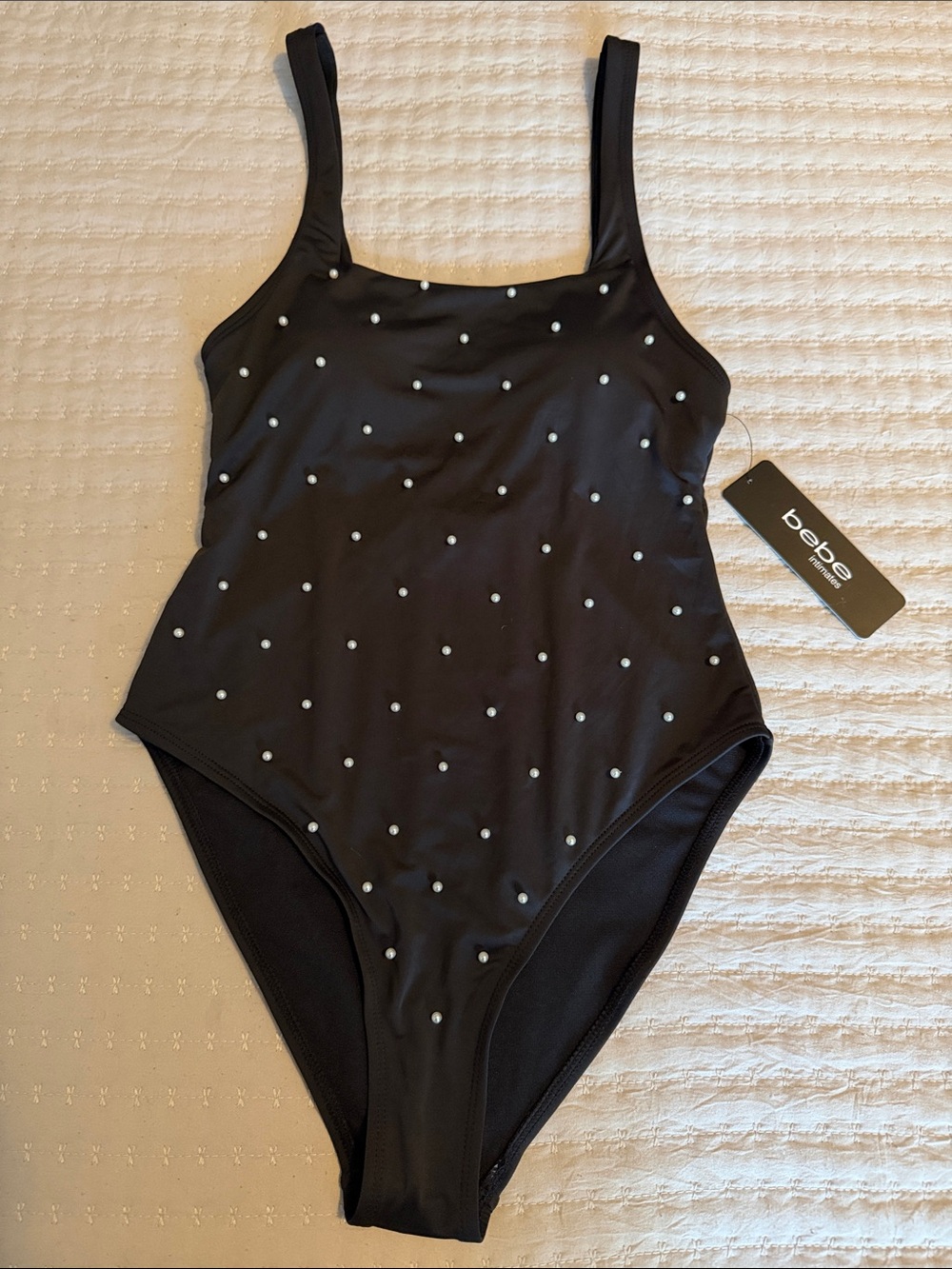 bebe Intimates Black One-Piece Pearl Studs High Cut Sm ❤️